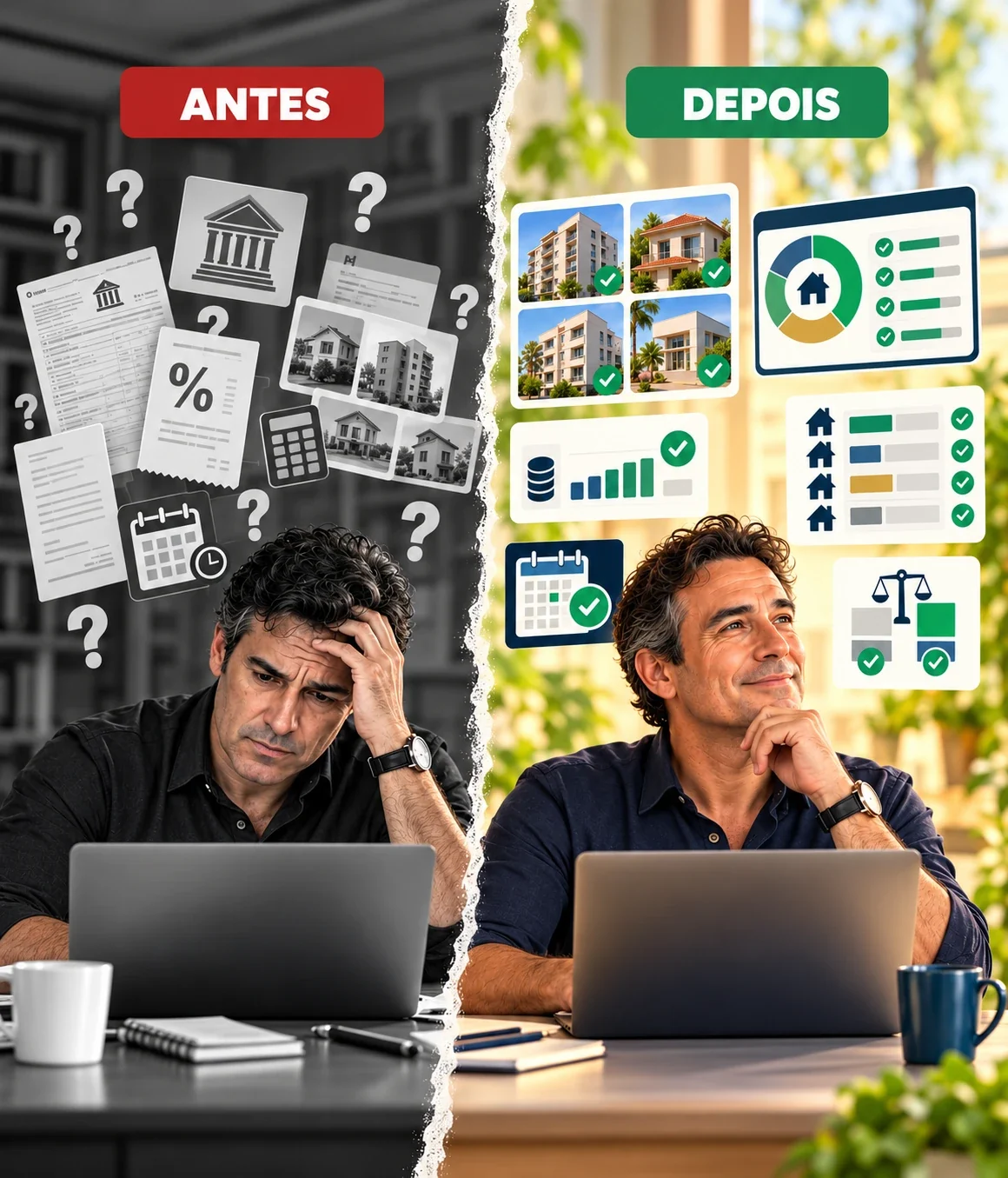 Proprietário antes, perdido entre documentos, e depois analisando seus aluguéis no Raio-X do Aluguel