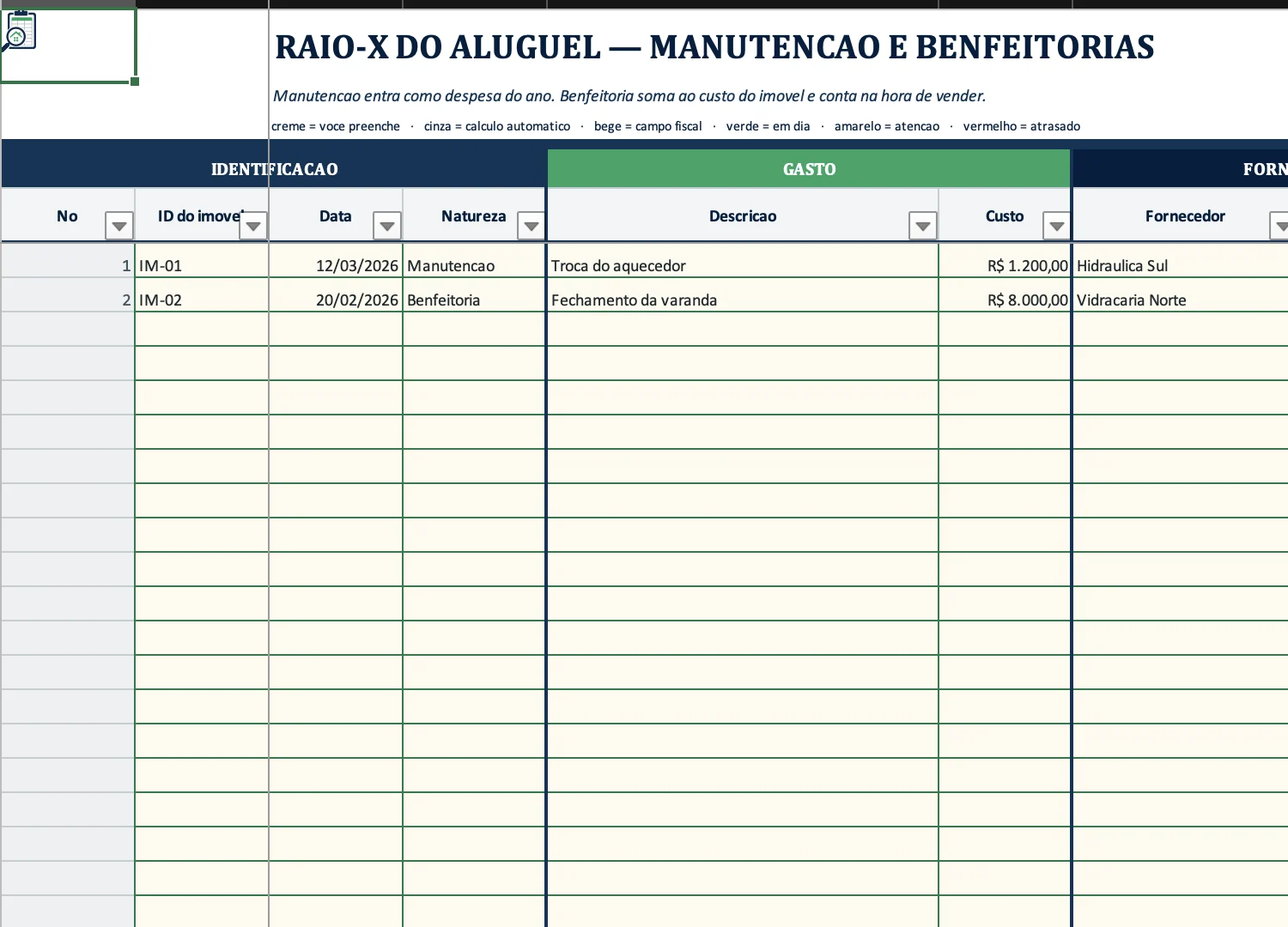 Tela real da aba Manutenção com despesas e benfeitorias registradas